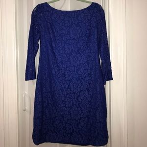 Long sleeve blue lace dress.